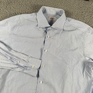 Brioni Mens Dress Shirt 17.5 Blue Button Up Cotton Made In Italy Flaws‎